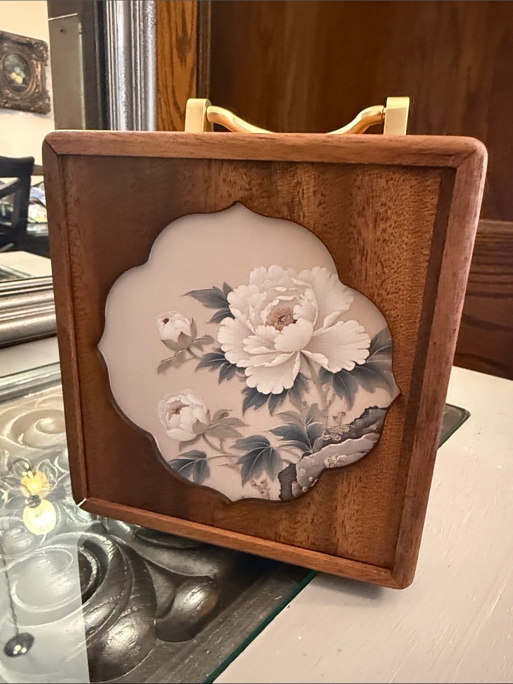 Walnut Jewelry Organizer Box Wooden Floral Box with Gold Handle 4 Tiered Womens - Picture 4 of 16